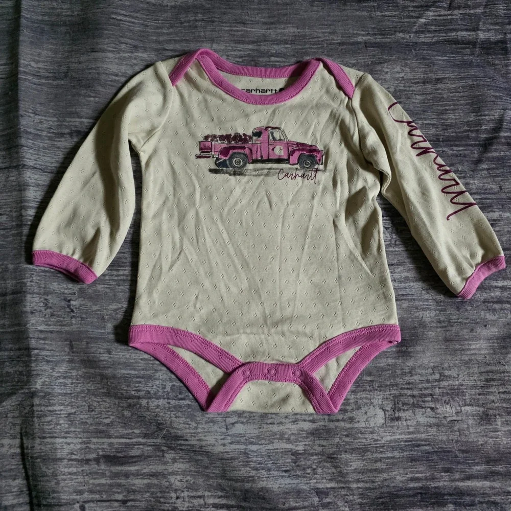 Carhartt Baby Girl Pink Truck Pointelle Long Sleeve Bodysuit TK7158-G 6M